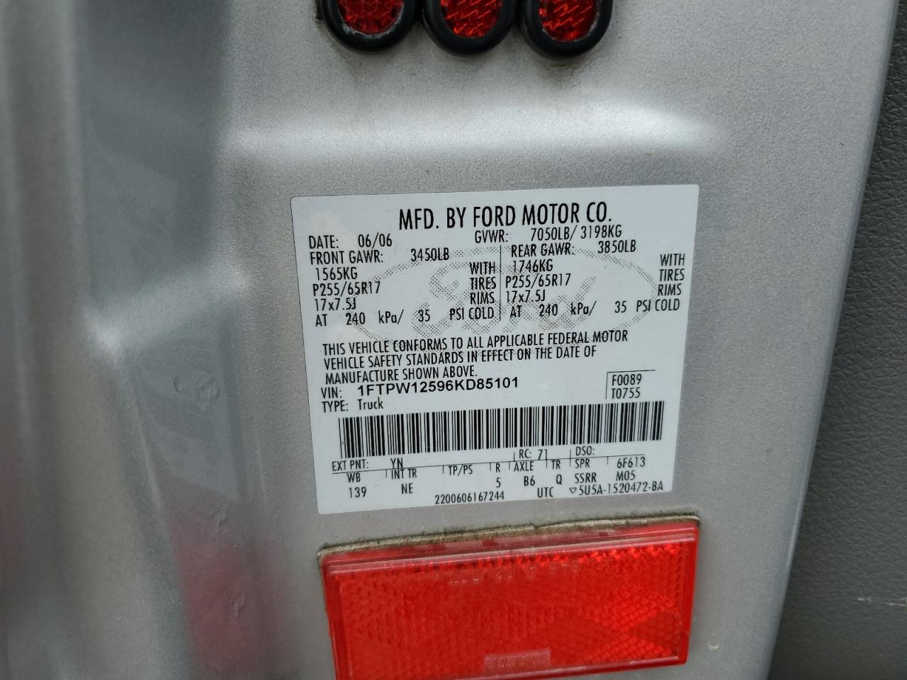 1FTPW12596KD85101 2006 Ford F150 Supercrew