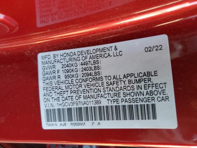 1HGCV3F97NA011389 Honda Accord Touring Hybrid