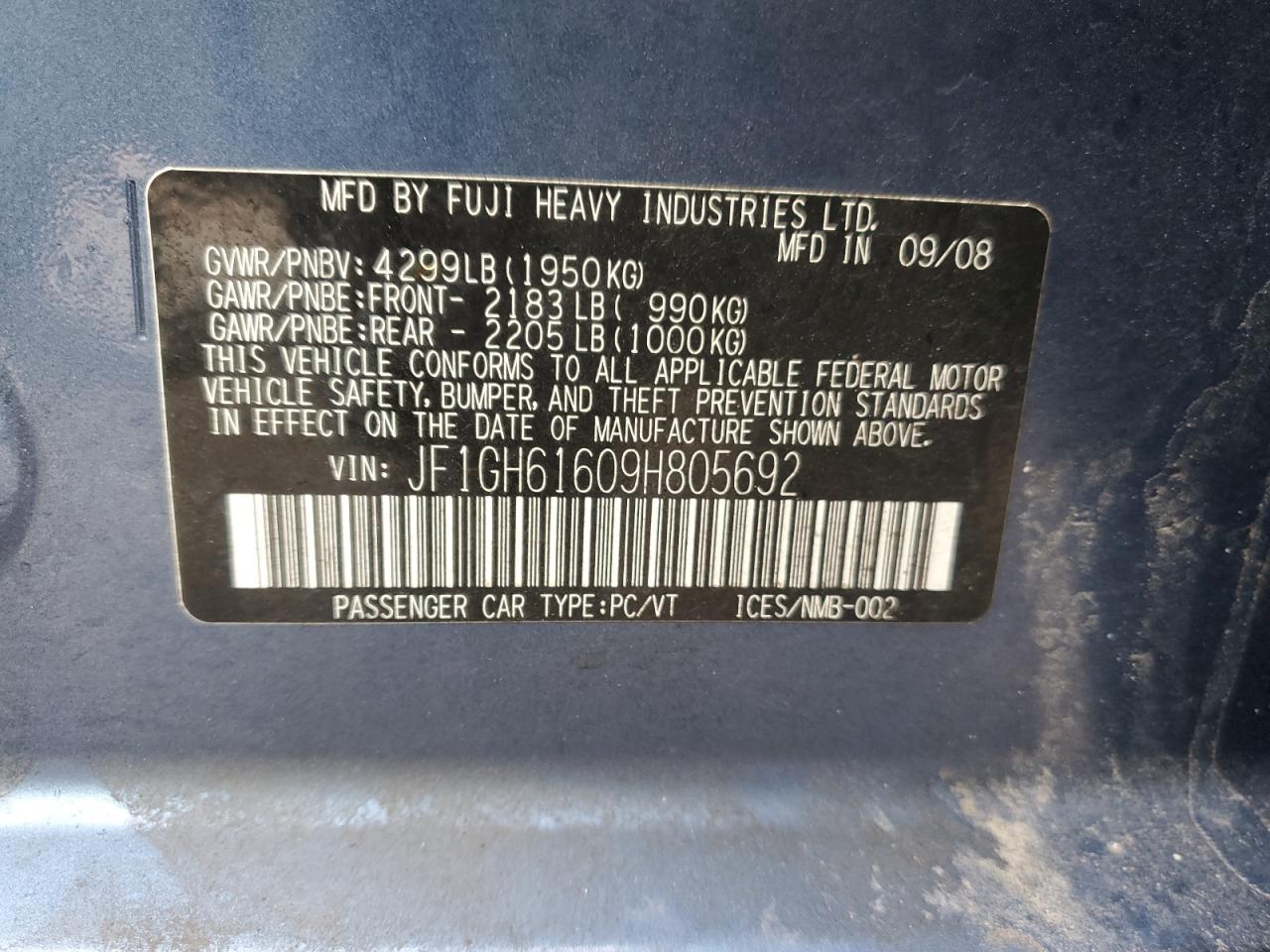 jf1gh61609h805692 JF1GH61609H805692 2009 Subaru Impreza 2.5I