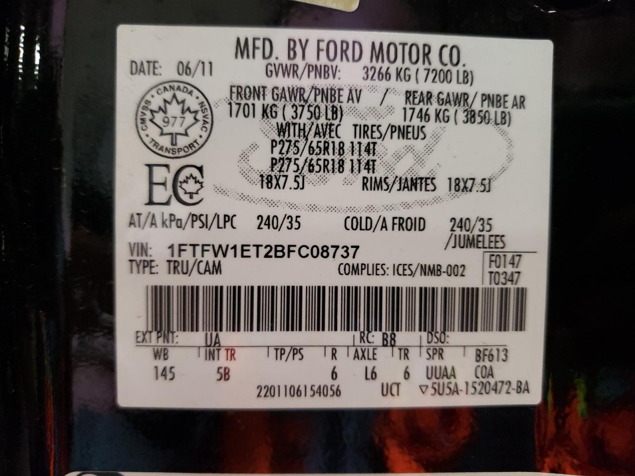 1FTFW1ET2BFC08737 2011 Ford F150 Supercrew