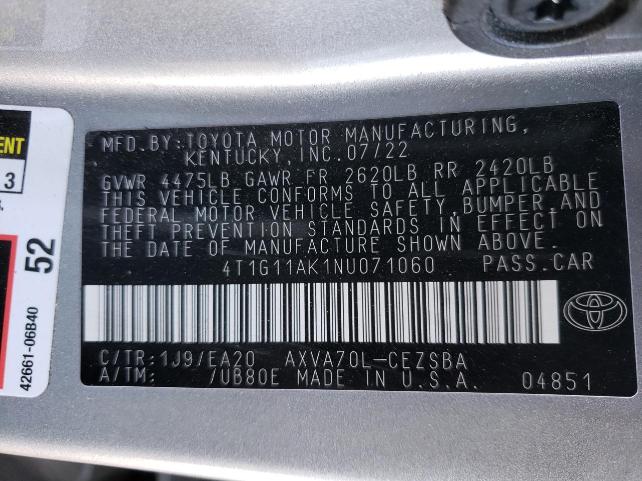 4T1G11AK1NU071060 TOYOTA CAMRY 2022