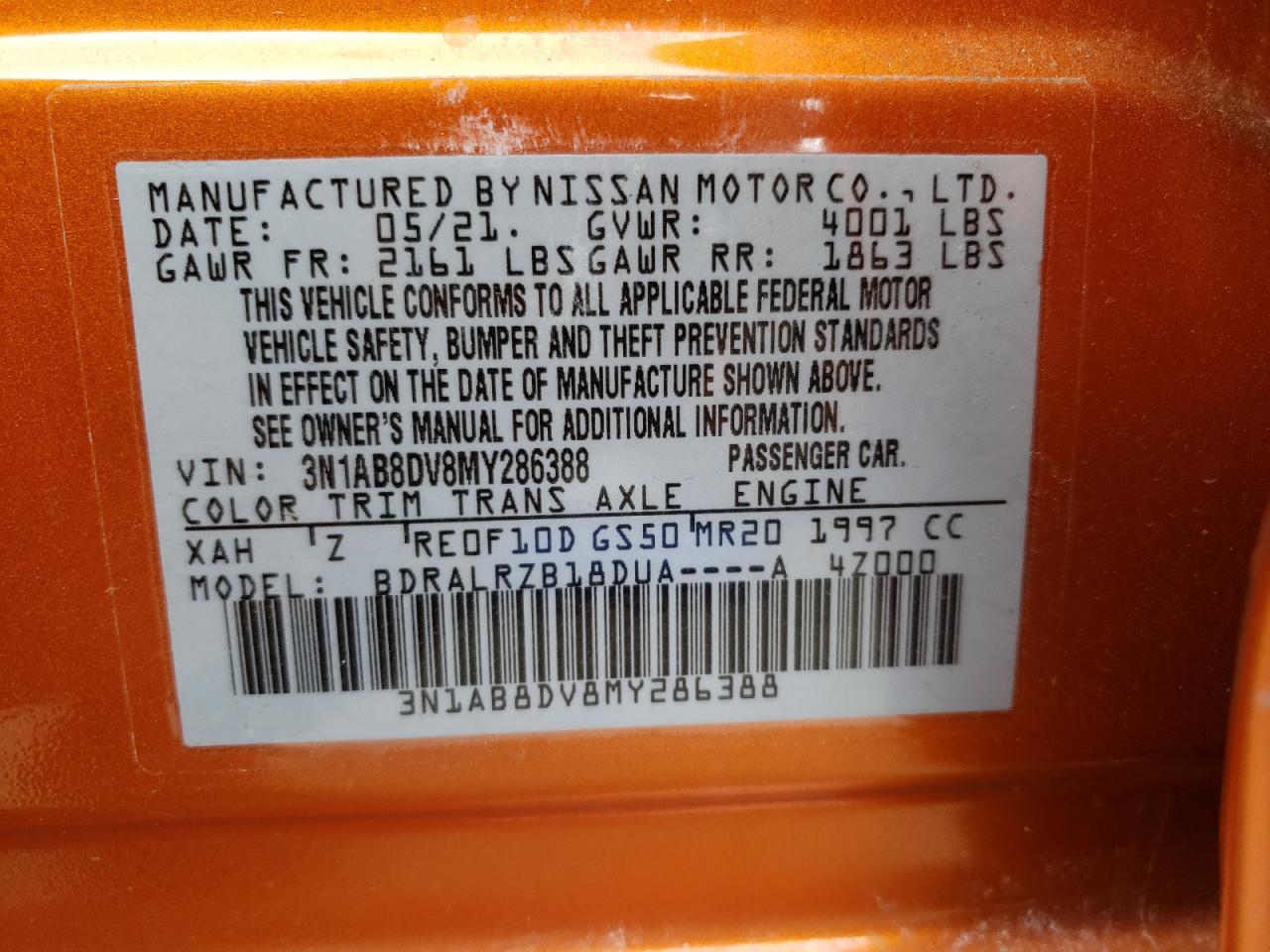 VIN: 3N1AB8DV8MY286388 2021 NISSAN SENTRA