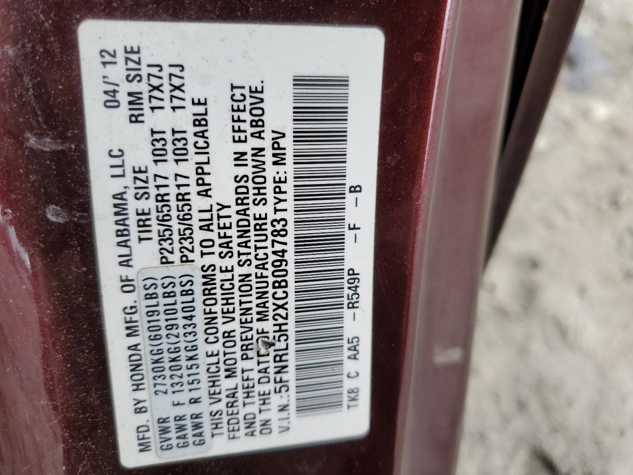 5FNRL5H2XCB094783 2012 Honda Odyssey Lx