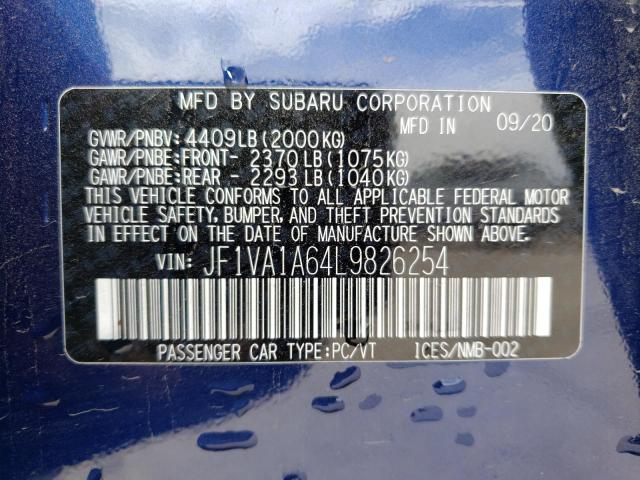2020 Subaru Wrx VIN: JF1VA1A64L9826254 Lot: 71833483