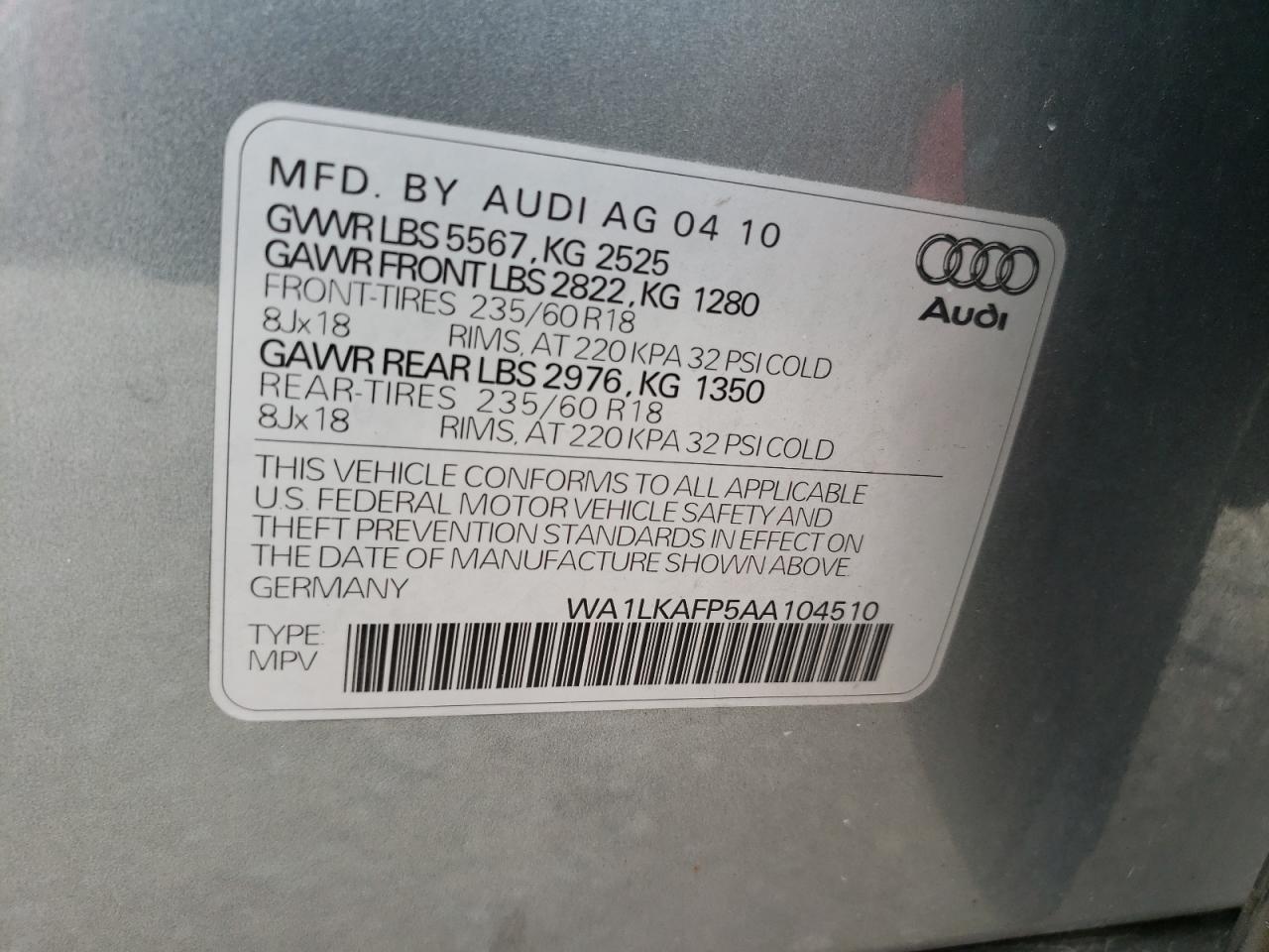 WA1LKAFP5AA104510 2010 Audi Q5 Premium Plus