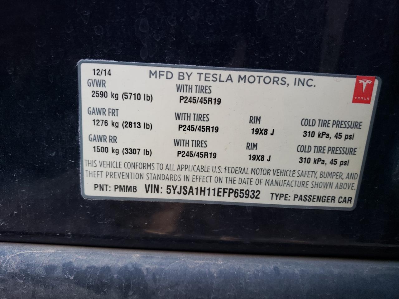 2014 Tesla Model S vin: 5YJSA1H11EFP65932