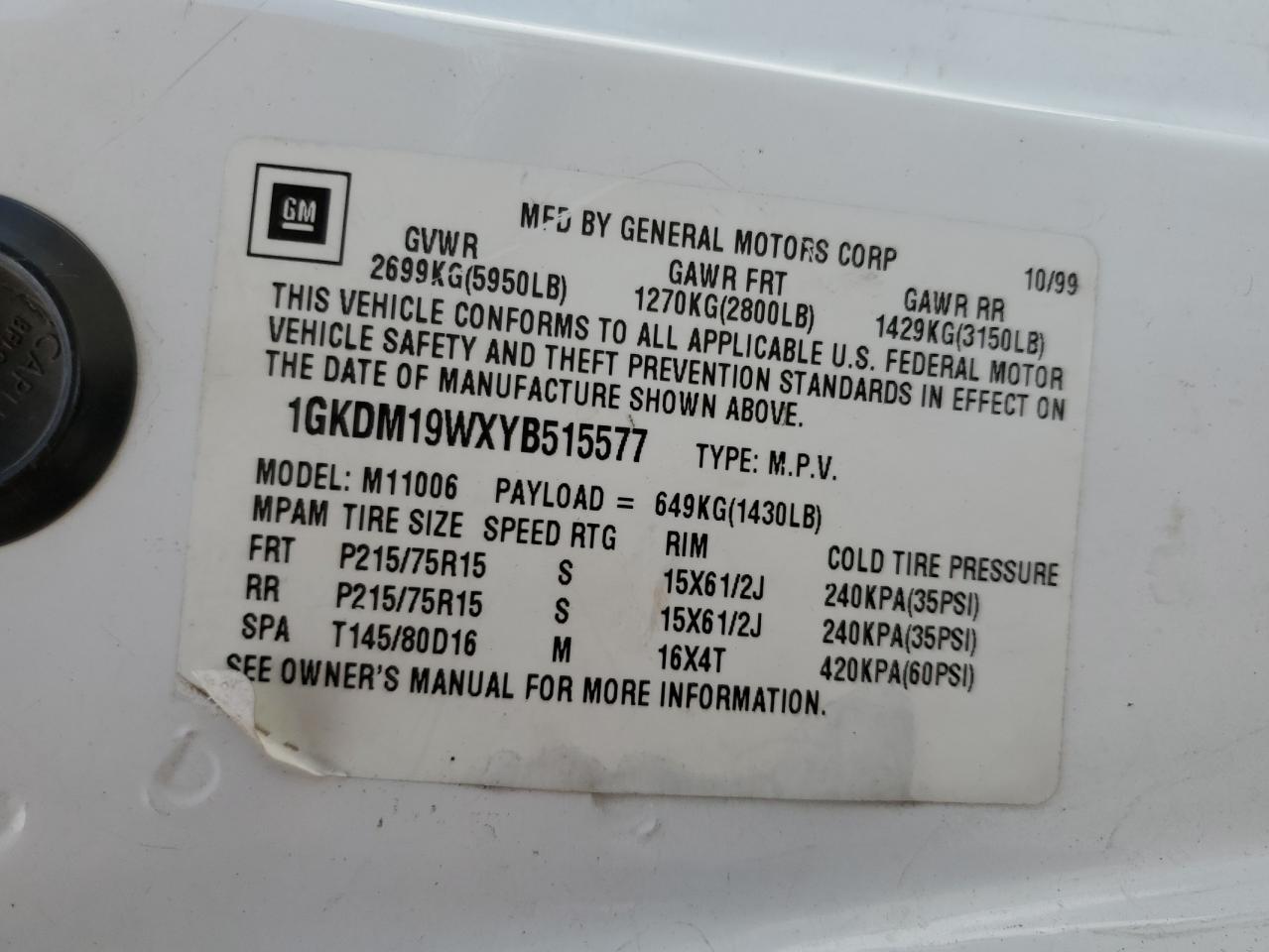 1GKDM19WXYB515577 2000 GMC Safari Xt