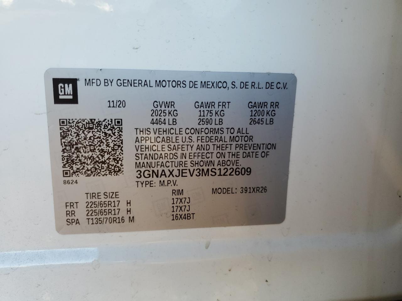3GNAXJEV3MS122609 CHEVROLET EQUINOX 2021