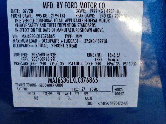 MAJ6S3GLXLC376865 | 2020 FORD ECOSPORT S