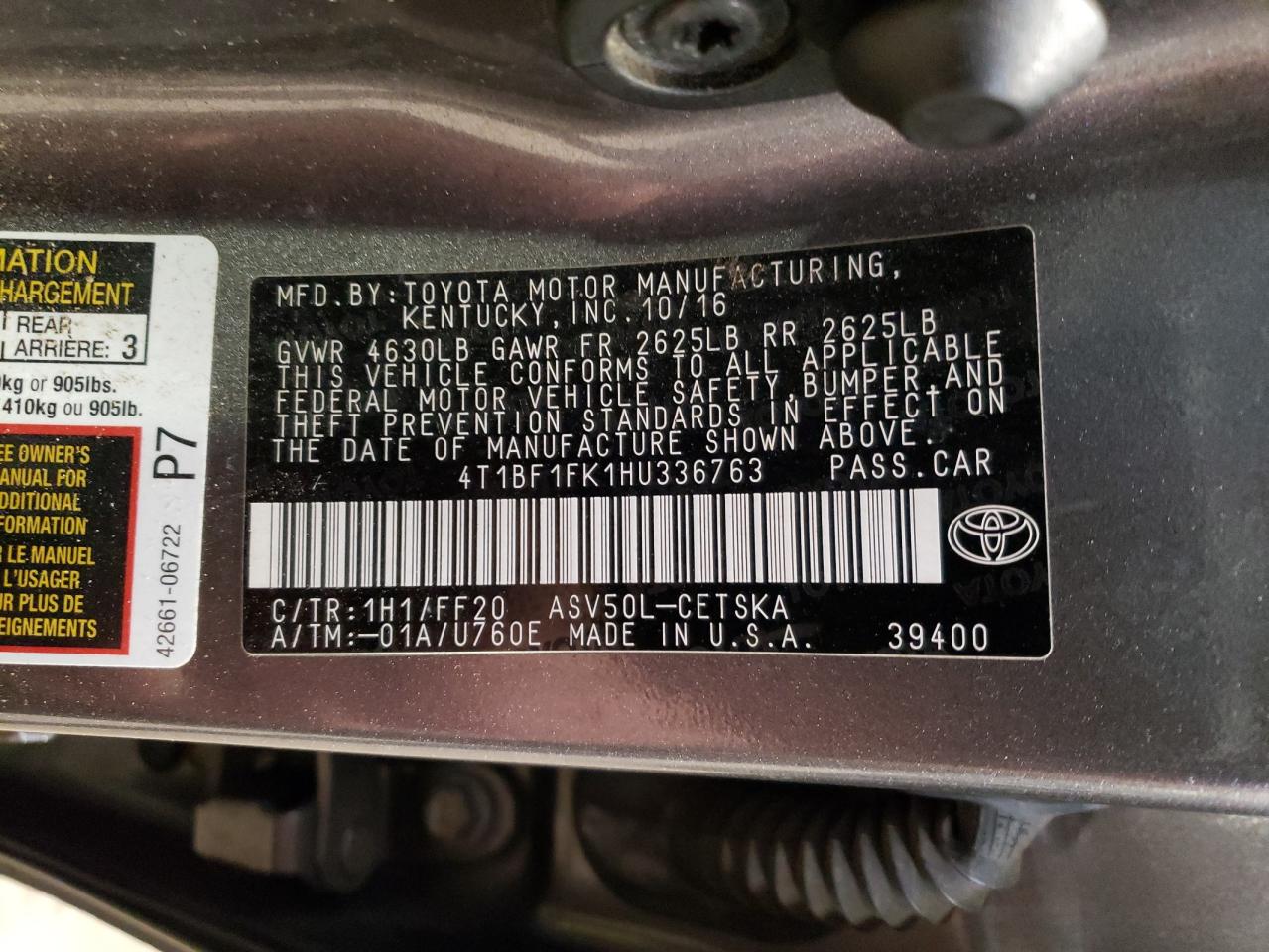 4T1BF1FK1HU336763 2017 Toyota Camry Le