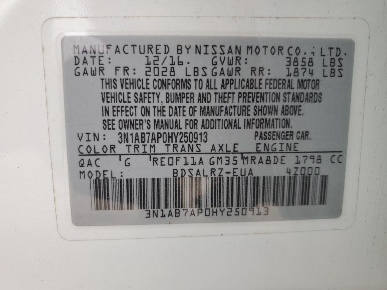 3N1AB7AP0HY250913 2017 Nissan Sentra S