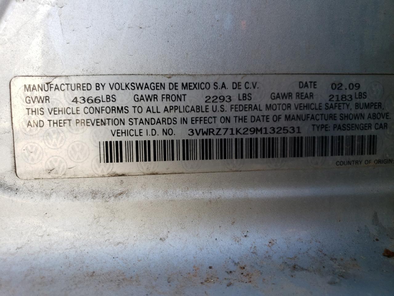 3VWRZ71K29M132531 2009 Volkswagen Jetta Se