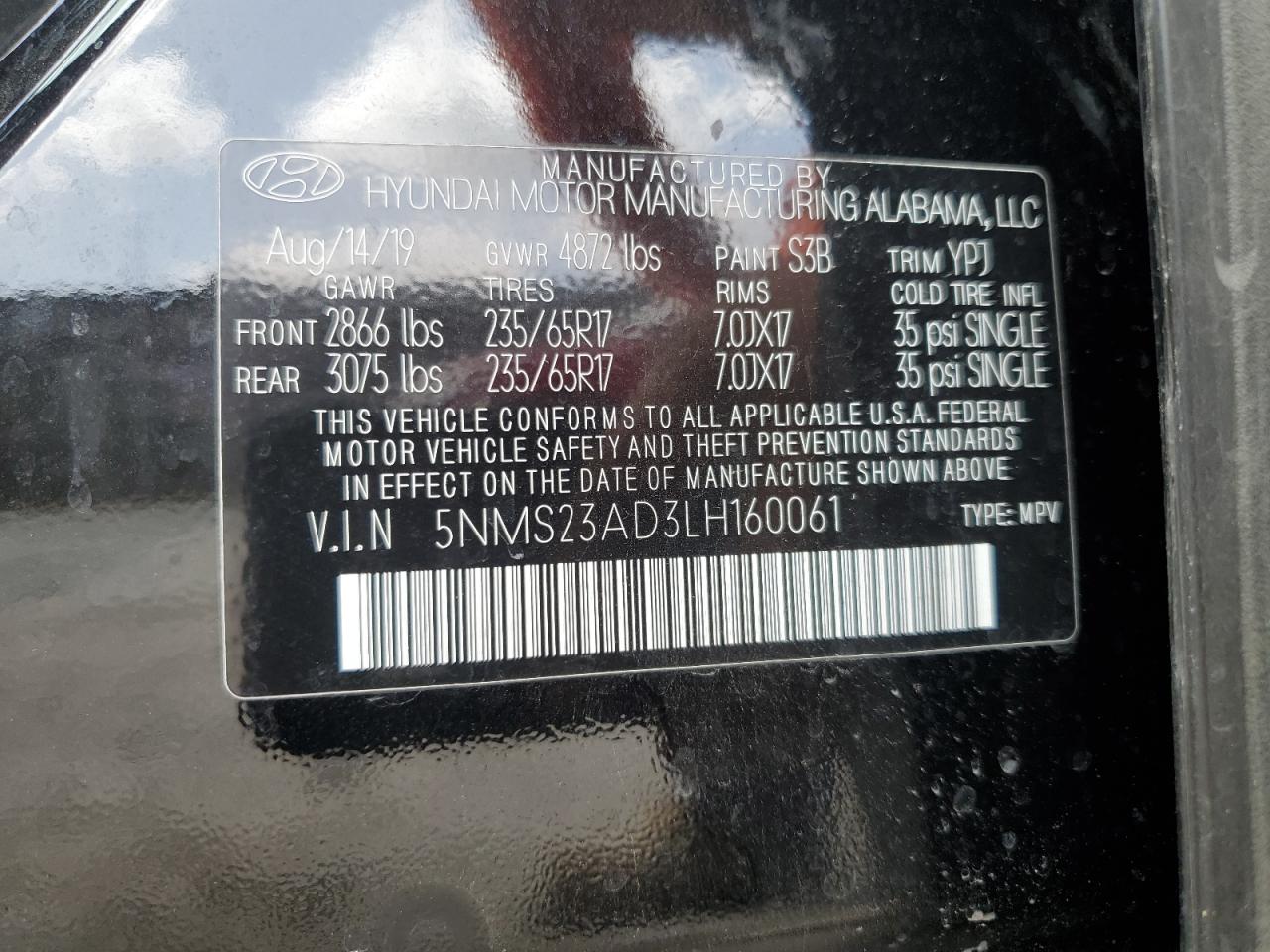 5NMS23AD3LH160061 2020 Hyundai Santa Fe Se