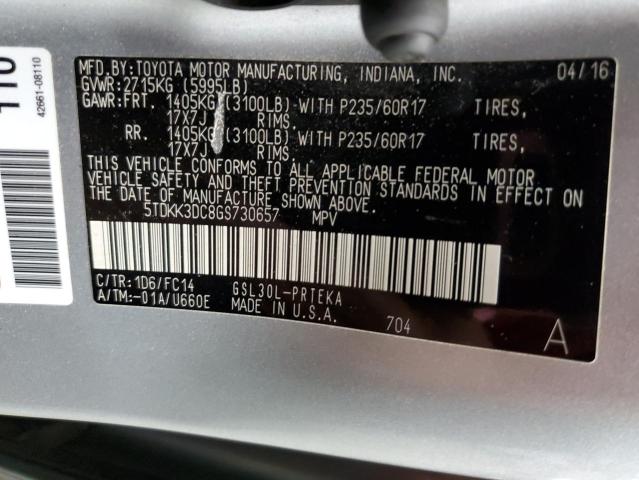5TDKK3DC8GS730657 Toyota SIENNA LE