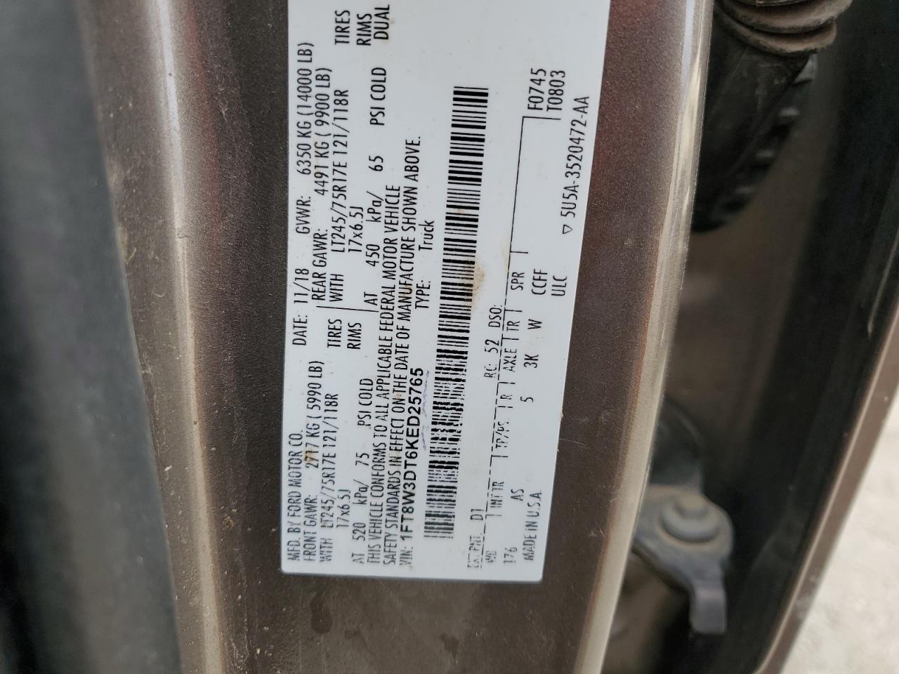 VIN: 1FT8W3DT6KED25765 2019 FORD F350