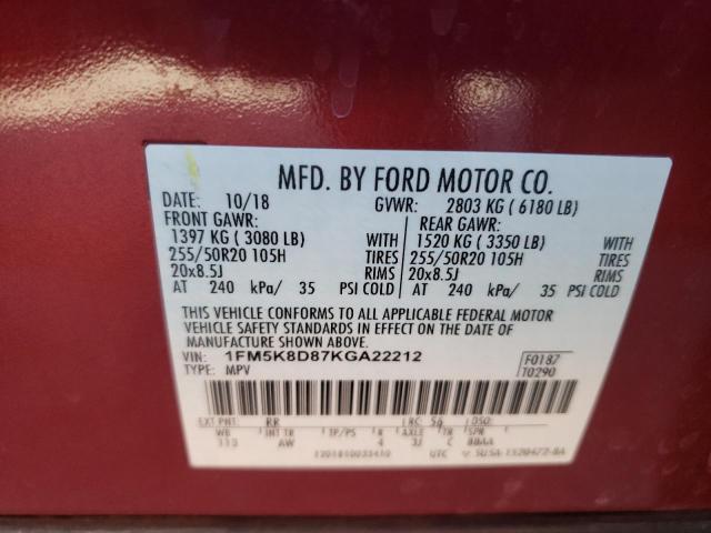 1FM5K8D87KGA22212 Ford EXPLORER XLT