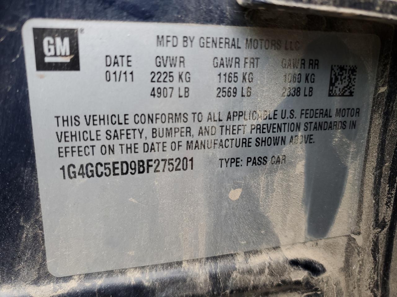 1G4GC5ED9BF275201 2011 Buick Lacrosse Cxl