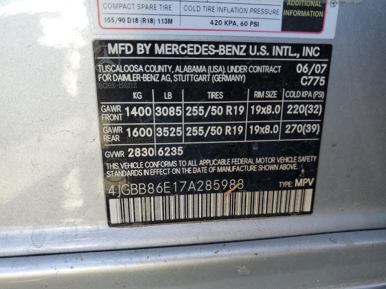 4jgbb86e17a285988 4JGBB86E17A285988 2007 Mercedes-Benz Ml 350