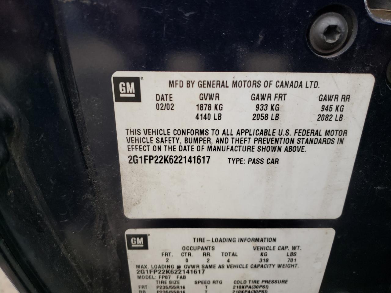 2G1FP22K622141617 2002 Chevrolet Camaro