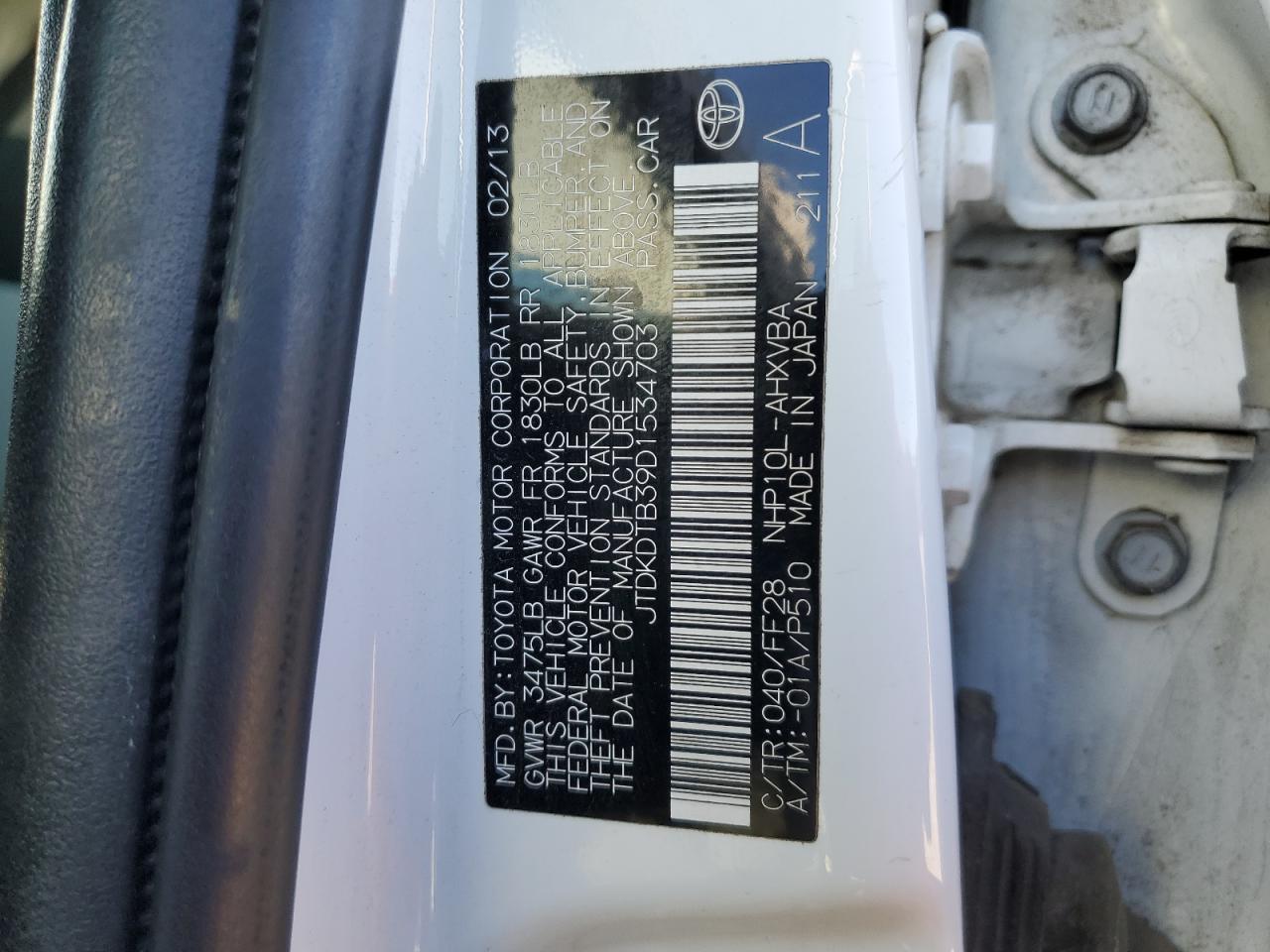 2013 Toyota Prius C vin: JTDKDTB39D1534703