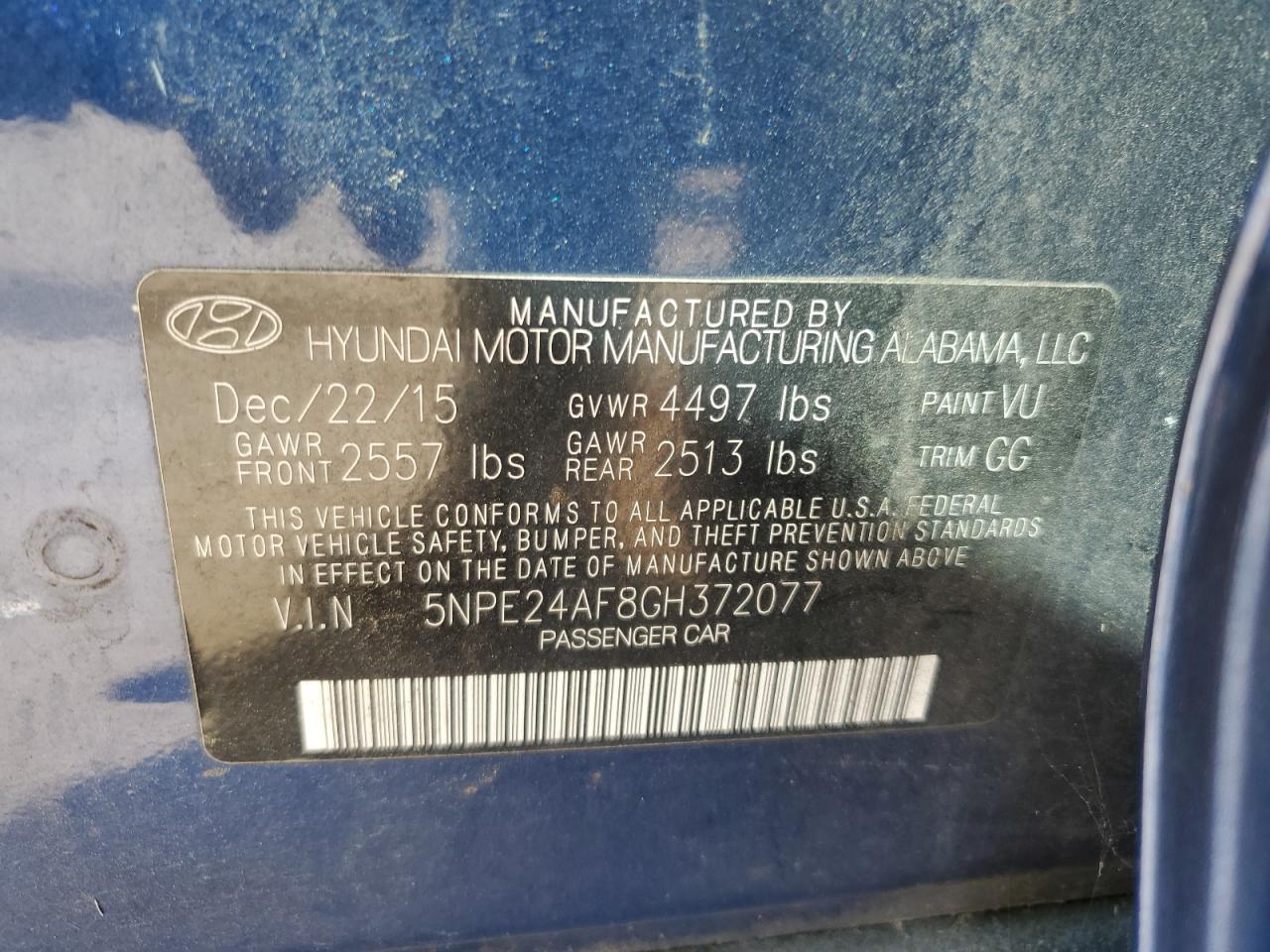 2016 Hyundai Sonata Se vin: 5NPE24AF8GH372077