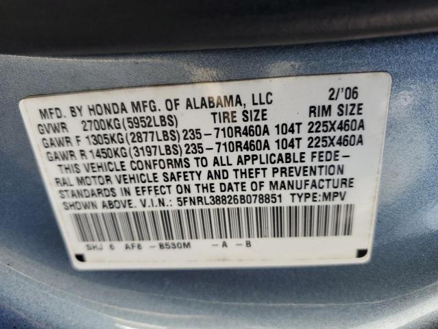 2006 Honda Odyssey Touring VIN: 5FNRL38826B078851 Lot: 71983863