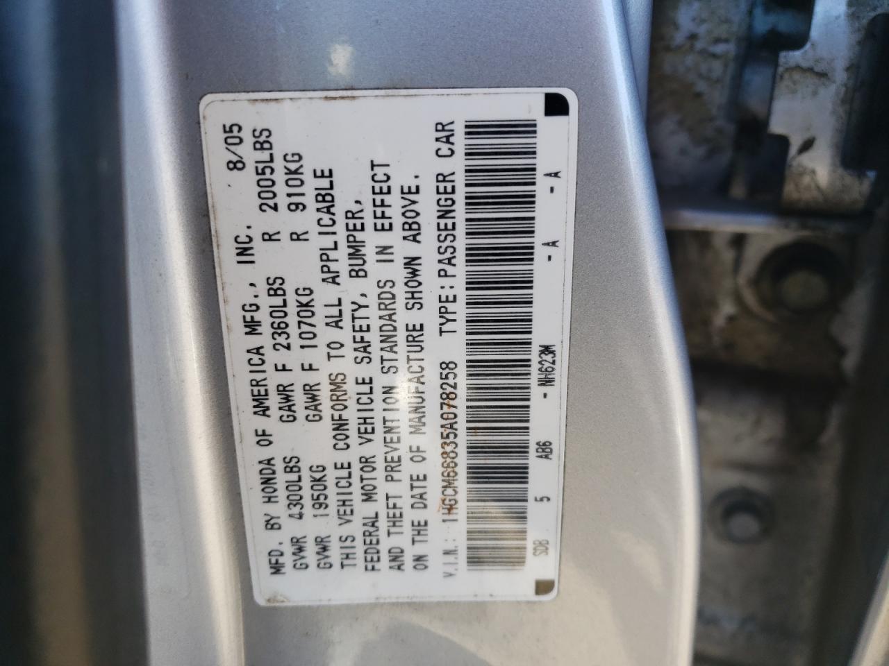 1HGCM66835A078258 2005 Honda Accord Ex