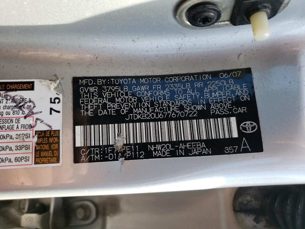 JTDKB20U677670722 2007 Toyota Prius