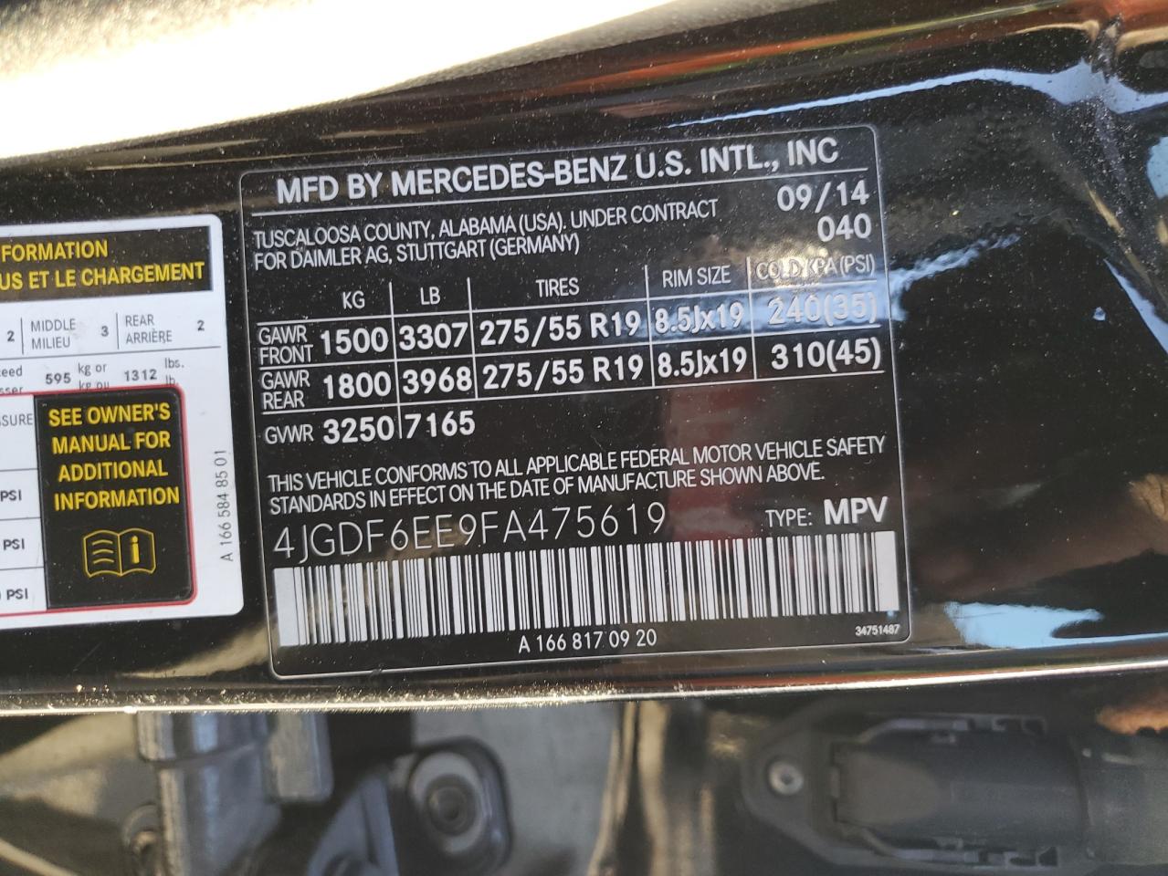 4JGDF6EE9FA475619 2015 Mercedes-Benz Gl 450 4Matic