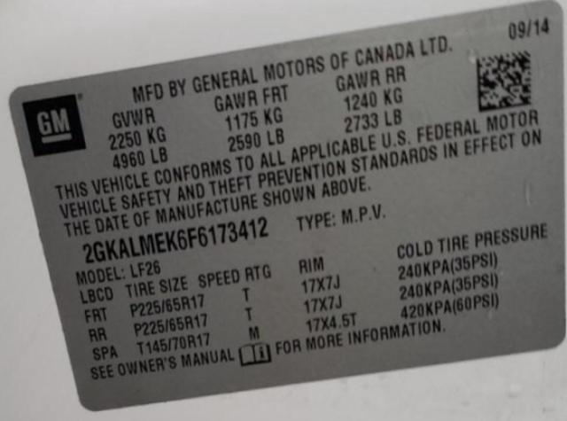 2GKALMEK6F6173412 | 2015 GMC TERRAIN SL