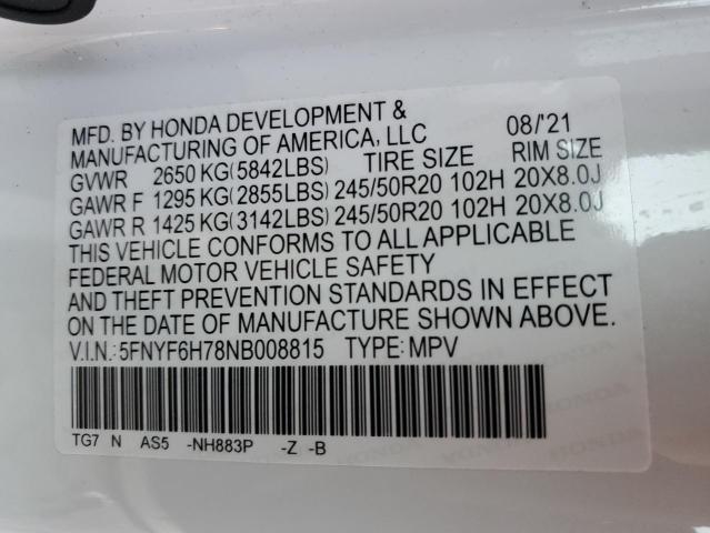 5FNYF6H78NB008815 Honda Pilot Black