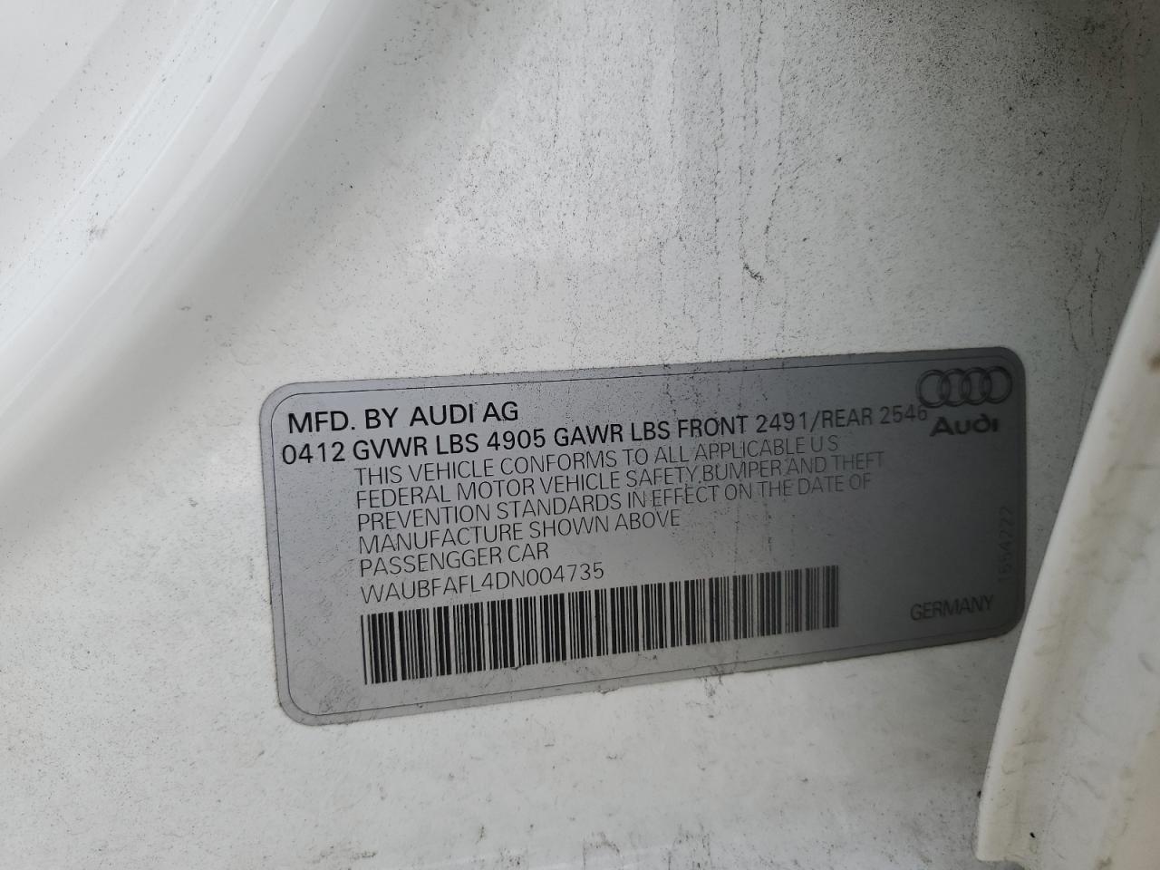 WAUBFAFL4DN004735 2013 Audi A4 2.0T Premium