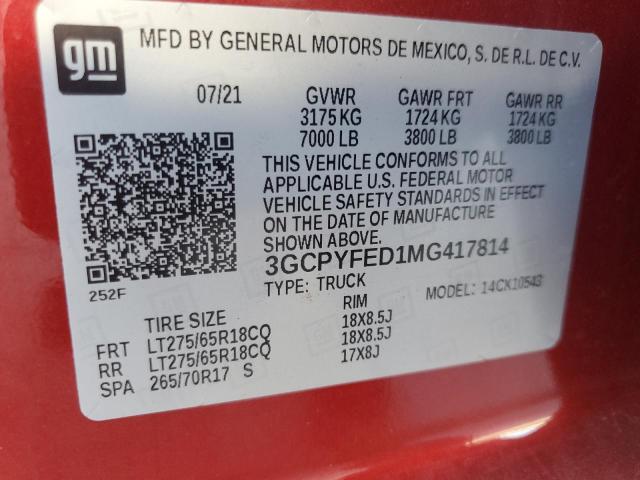 3GCPYFED1MG417814 | 2021 Chevrolet silverado k1500 lt trail boss