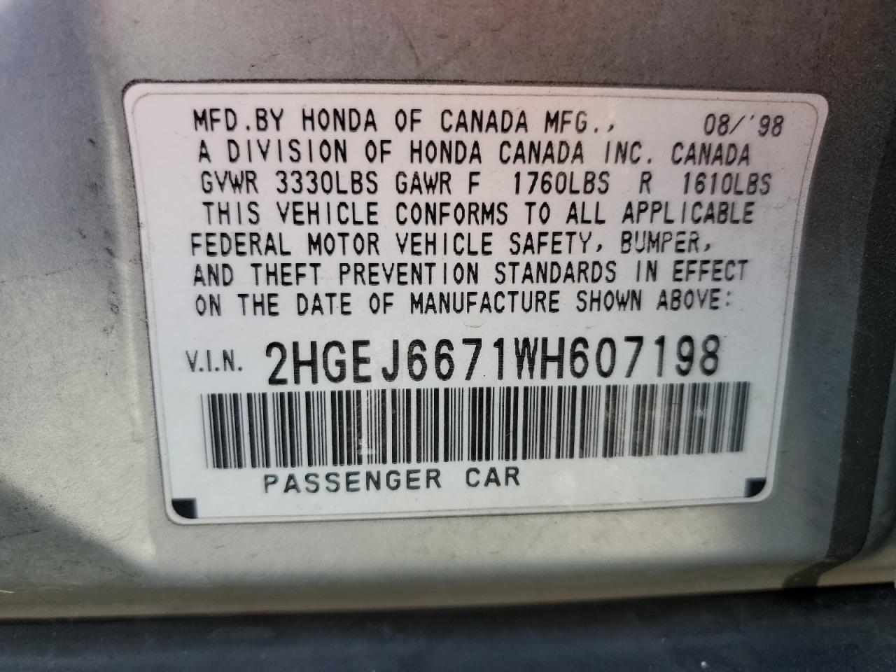 2HGEJ6671WH607198 1998 Honda Civic Lx