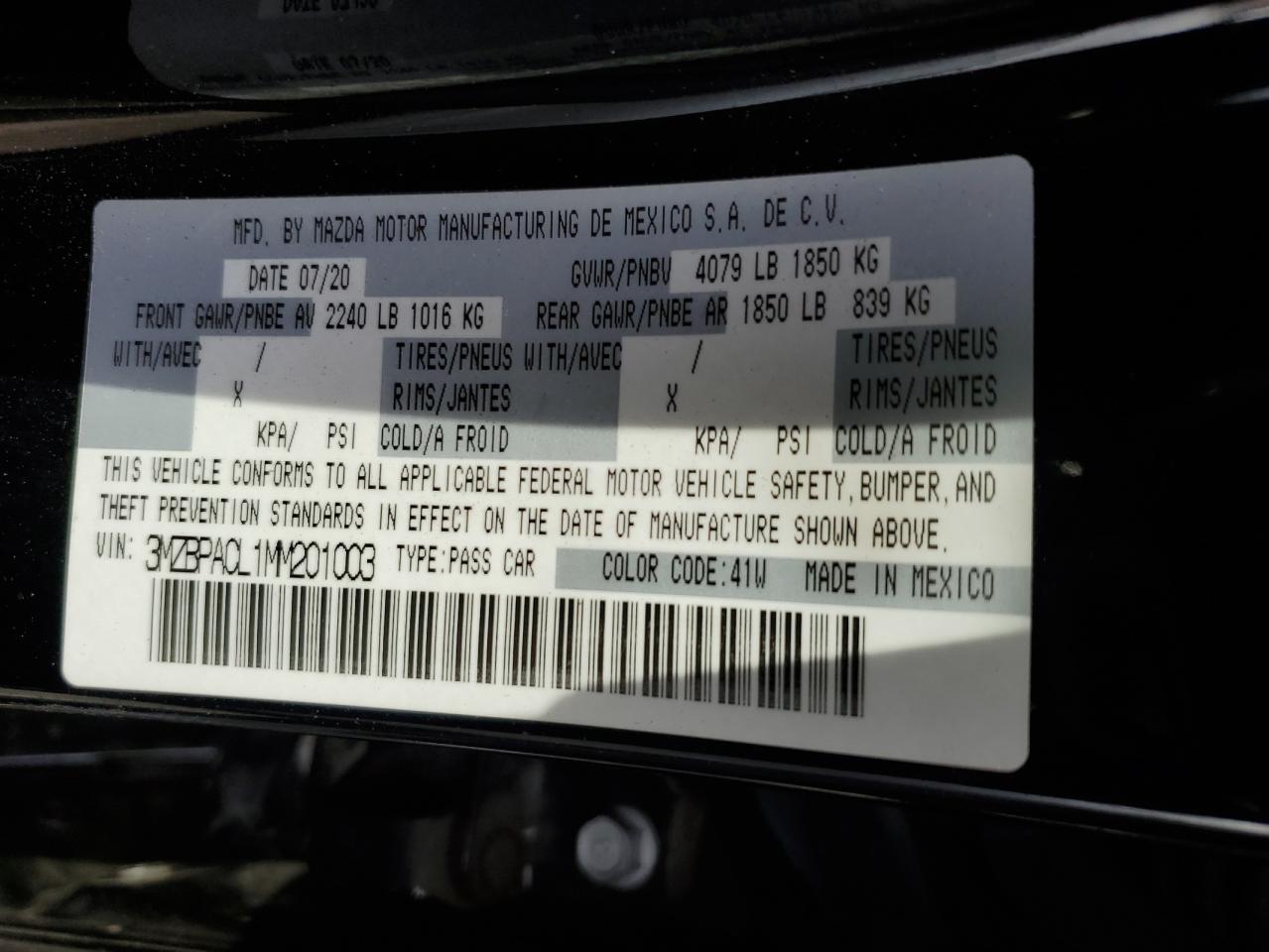 VIN: 3MZBPACL1MM201003 2021 MAZDA 3