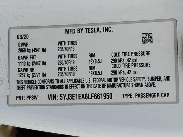 5YJ3E1EA6LF661950 | 2020 TESLA MODEL 3