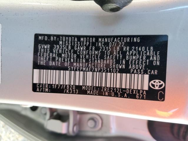 5YFEPMAE7NP351102 Toyota Corolla LE 12