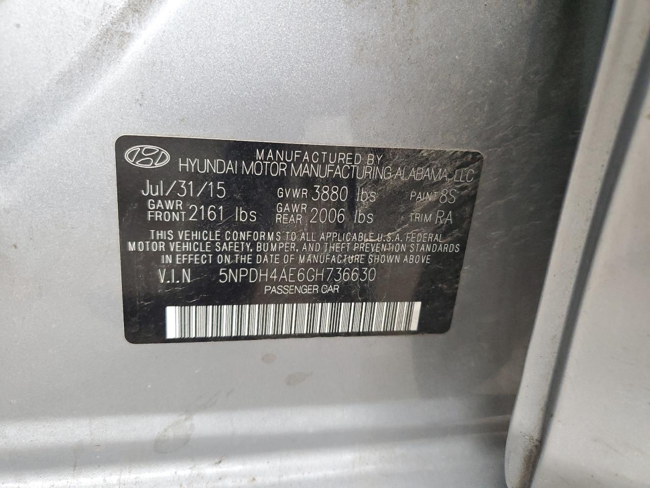 5NPDH4AE6GH736630 2016 Hyundai Elantra Se