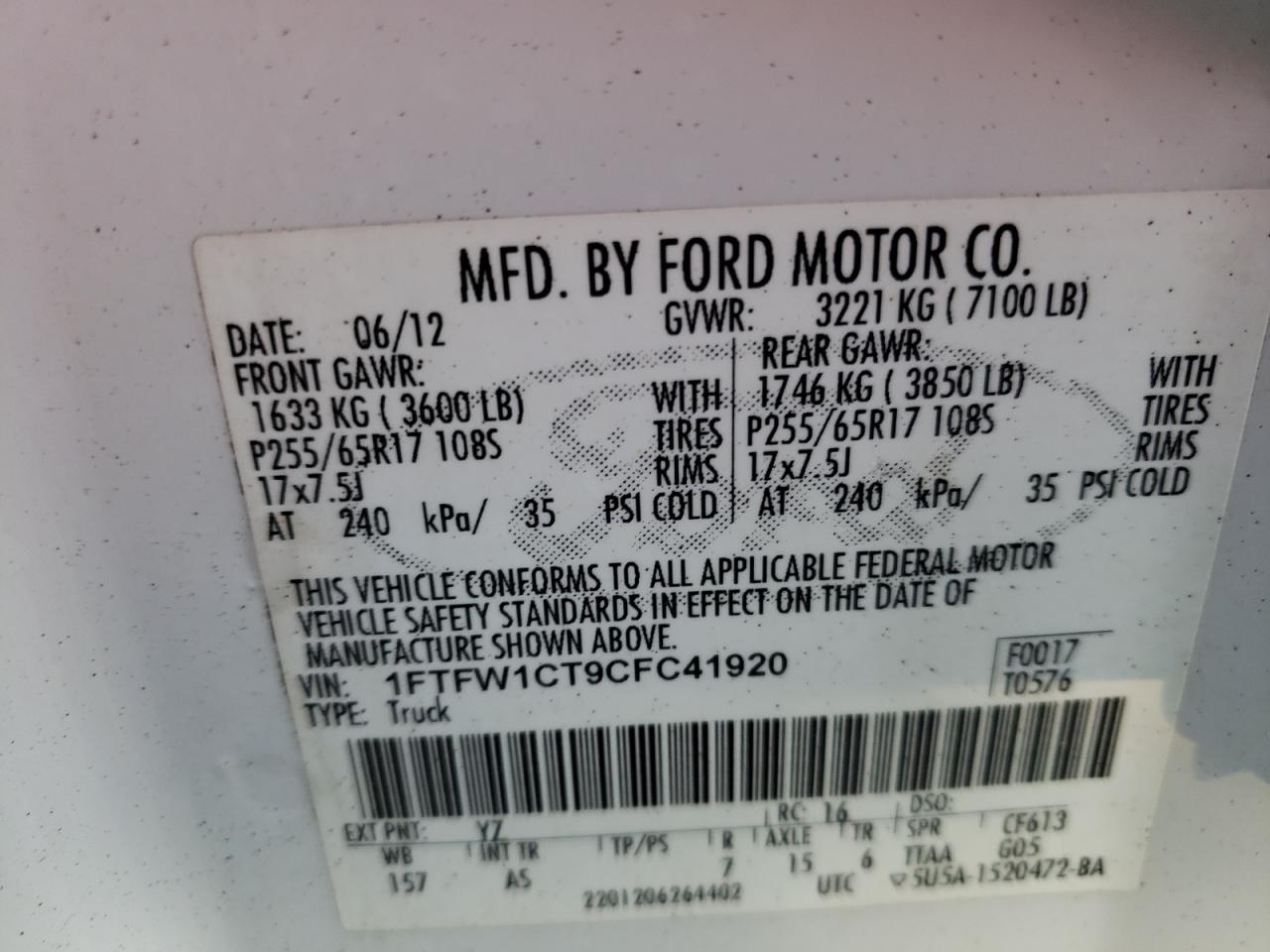 1FTFW1CT9CFC41920 2012 Ford F150 Supercrew 1FTFW1CT9CFC41920 2012 Ford F150 Supercrew
