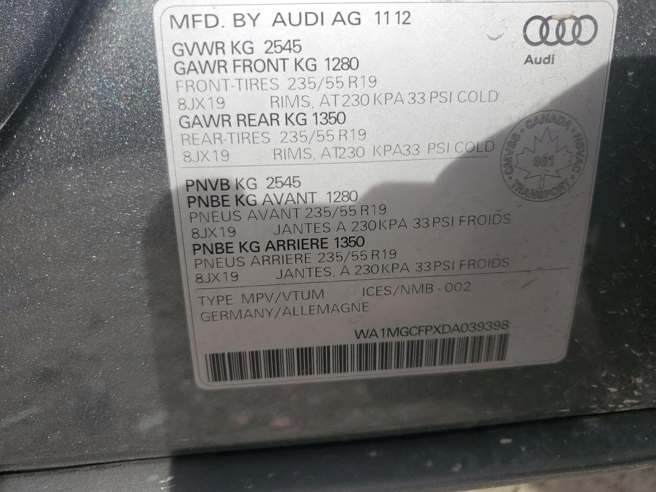 WA1MGCFPXDA039398 2013 Audi Q5 Premium