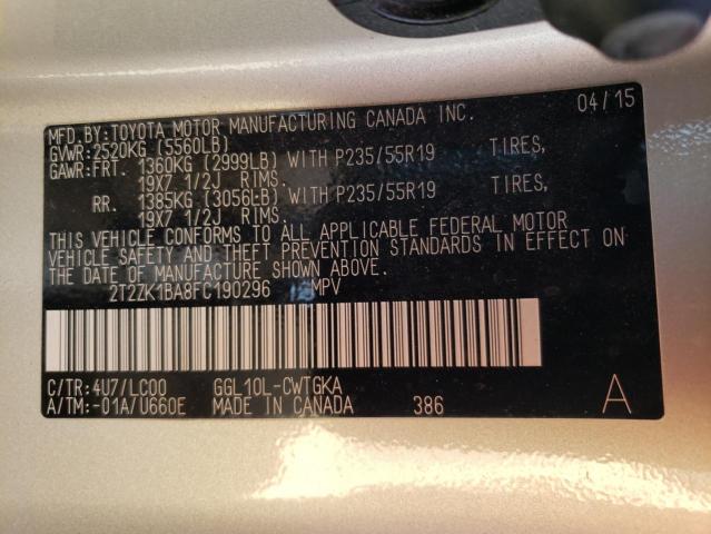 2T2ZK1BA8FC190296 Lexus RX 350