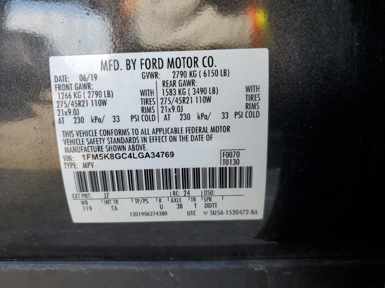 VIN: 1FM5K8GC4LGA34769 2020 FORD EXPLORER
