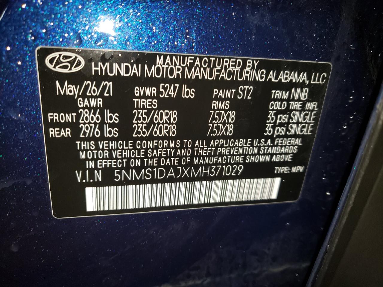 5NMS1DAJXMH371029 2021 Hyundai Santa Fe Se