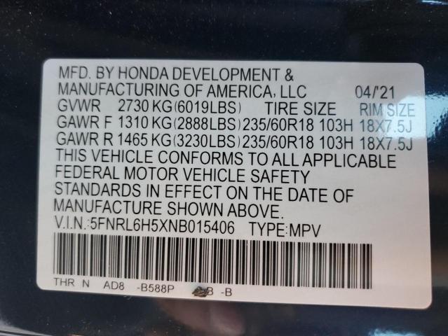 5FNRL6H5XNB015406 2022 Honda Odyssey Ex