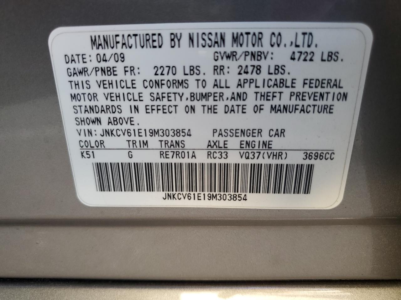 JNKCV61E19M303854 2009 Infiniti G37 Base