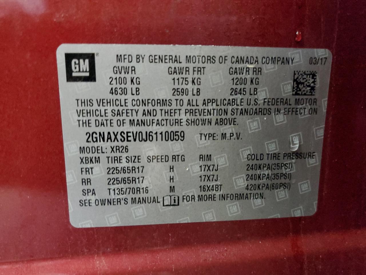 2GNAXSEV0J6110059 2018 Chevrolet Equinox Lt