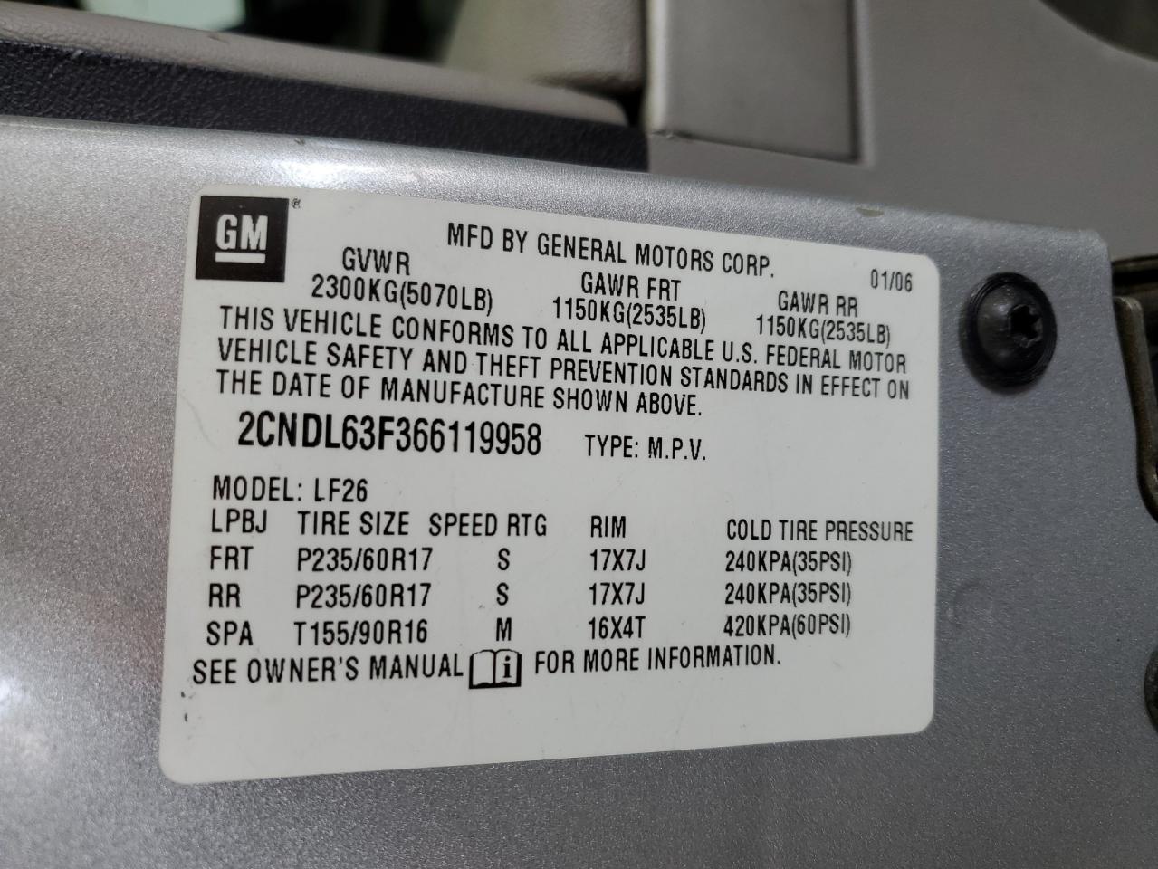 2CNDL63F366119958 2006 Chevrolet Equinox Lt