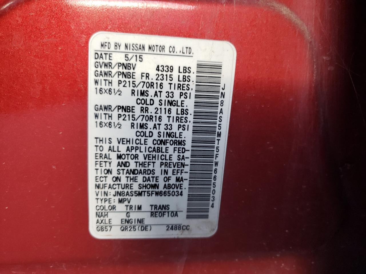 JN8AS5MT5FW665034 2015 Nissan Rogue Select S