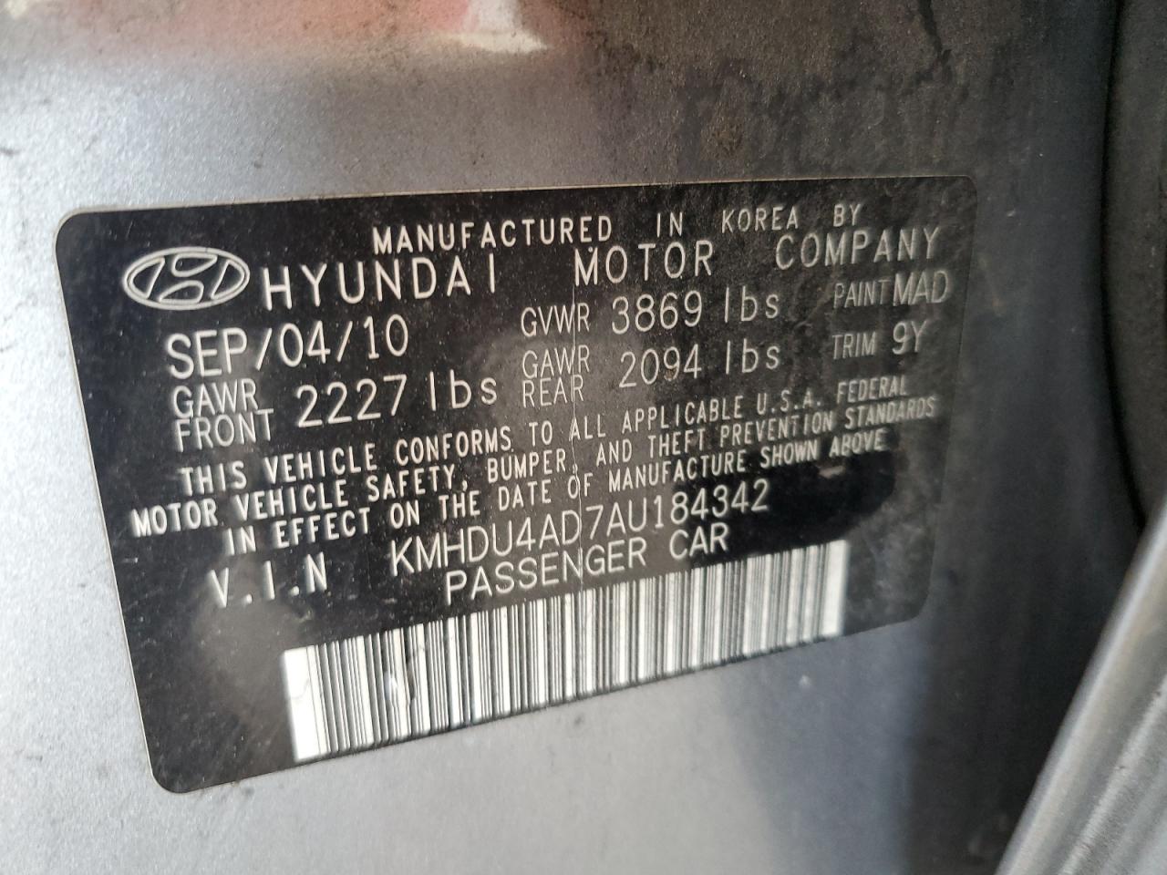 KMHDU4AD7AU184342 2010 Hyundai Elantra Blue