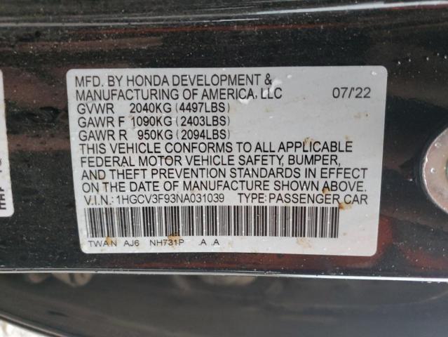  HONDA ACCORD 2022 Чорний